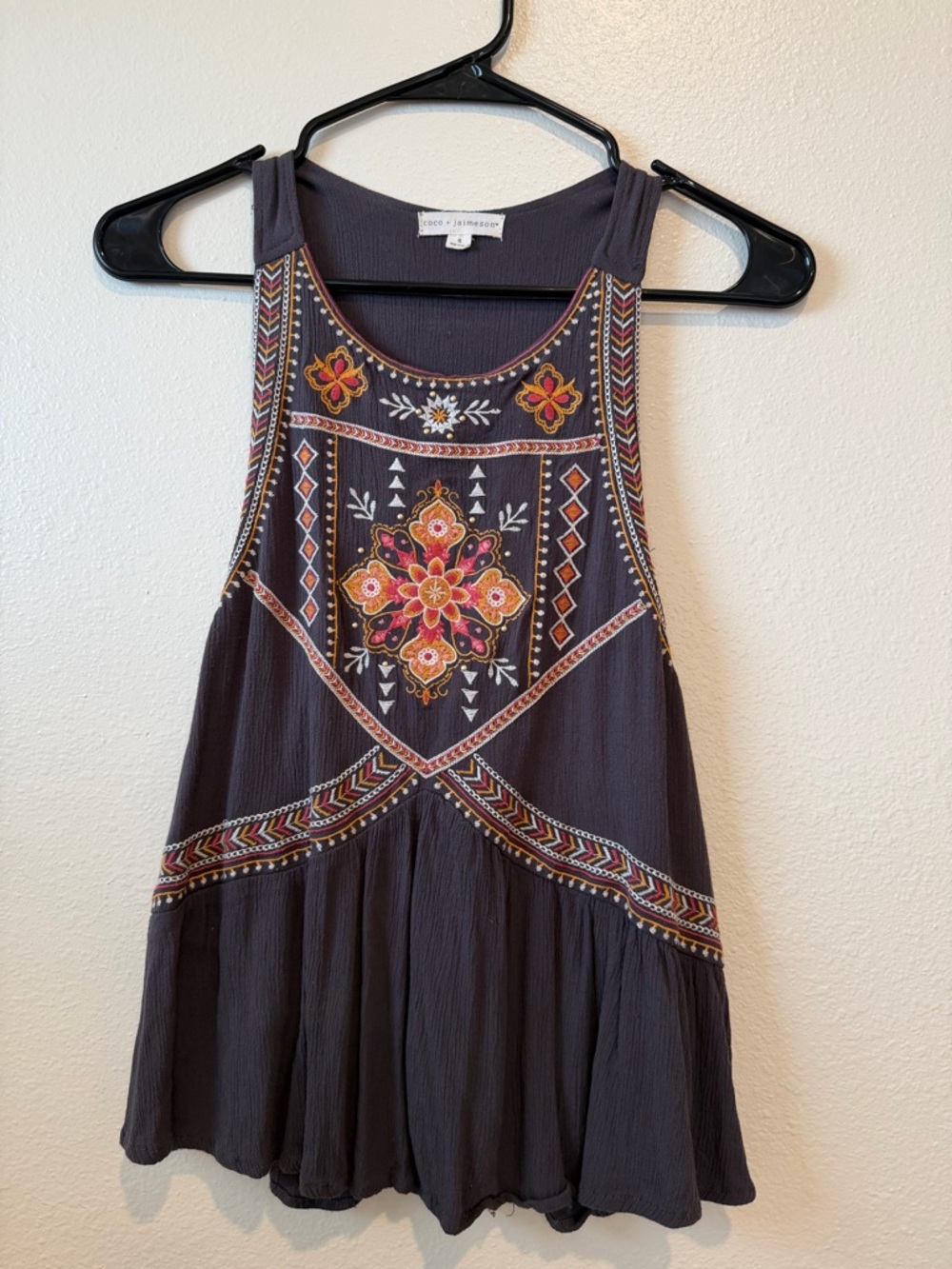 Boho Embroidered Tank - Charcoal with Multicolor Accents